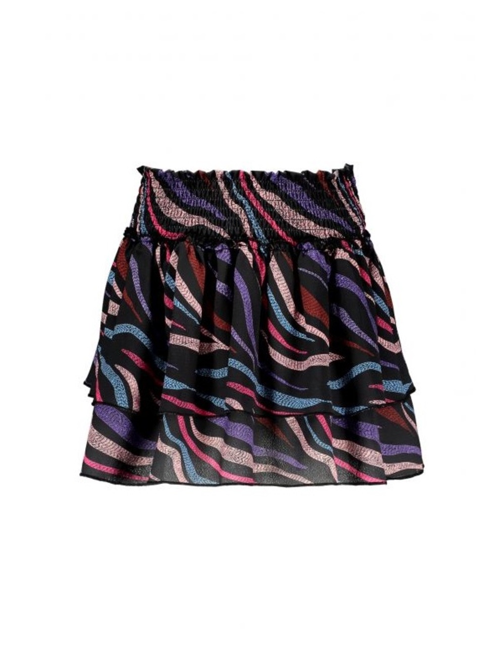 Girls' Black Smocked Tiered Skirt with Multicolor Wave Print